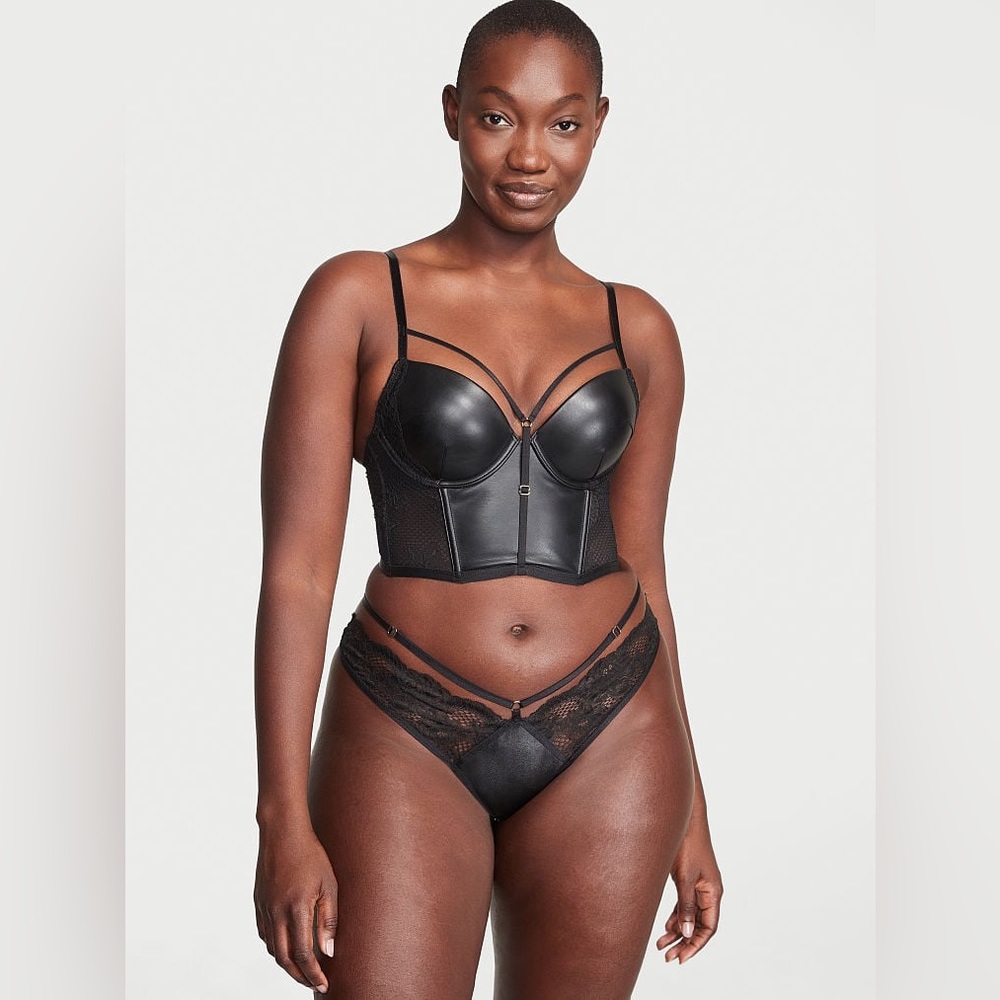 Victoria Secret VERY SEXY Black Fishnet Leather Open Back Brazilian Panty XXL